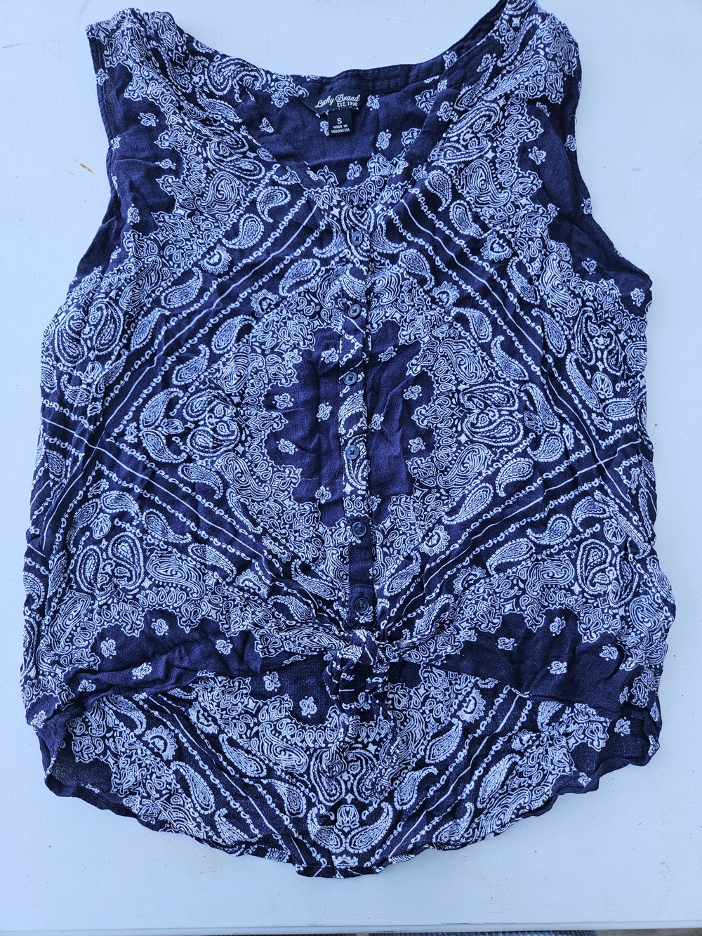 Boho Paisley Tie Front Sleeveless Tank Top Navy Blue Festival Peasant Small